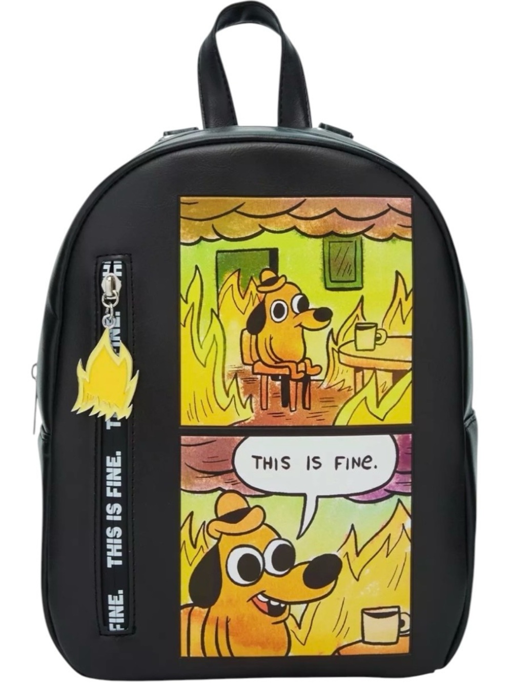 Hot Topic This Is Fine Dog Meme Mini Backpack KC GREEN Black Zip Strap New w/Tag